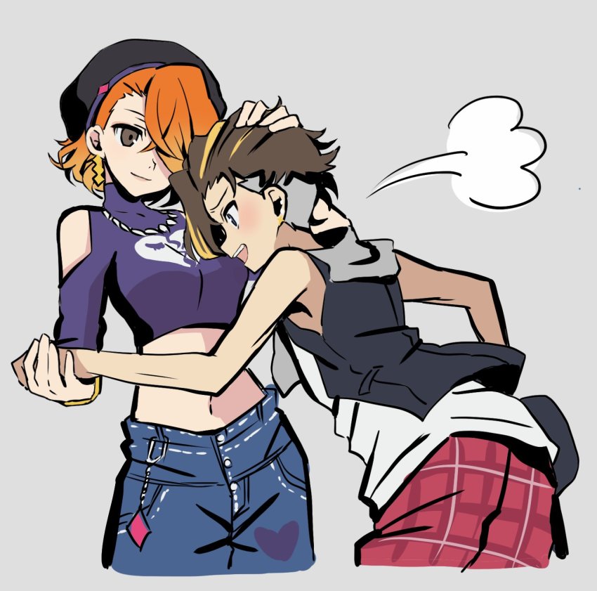 1boy, 1girl, belly, beret, black_vest, blue_eyes, blush, breast_press