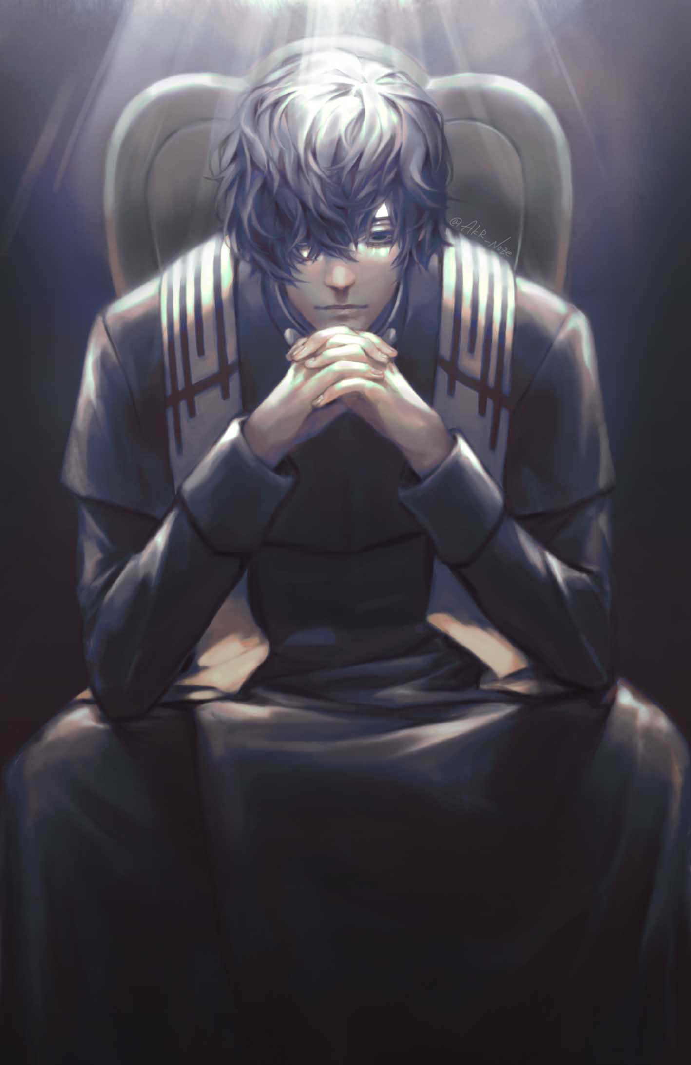 1boy, akr_noze, beelzebub_(shuumatsu_no_valkyrie), black_eyes, black_hair, chair, highres, looking_at_viewer, male_focus, own_hands_together, priest, short_hair, shuumatsu_no_valkyrie, sitting, twitter_username
