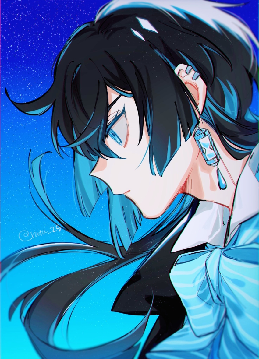 1boy, black_hair, blue_eyes, blue_hair, bow, colored_tips, ear_piercing, earrings