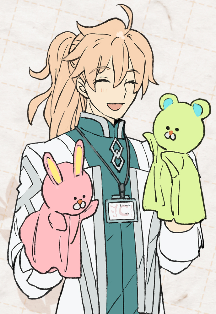 1boy, ahoge, bear, chaldea_staff_uniform, chaldea_uniform, closed_eyes, commentary_request, fate/grand_order, fate_(series), hand_puppet, lab_coat, lanyard, light_blush, long_hair, long_sleeves, male_focus, open_mouth, ponytail, puppet, rabbit, romani_archaman, smile, solo, upper_body, wada_arco