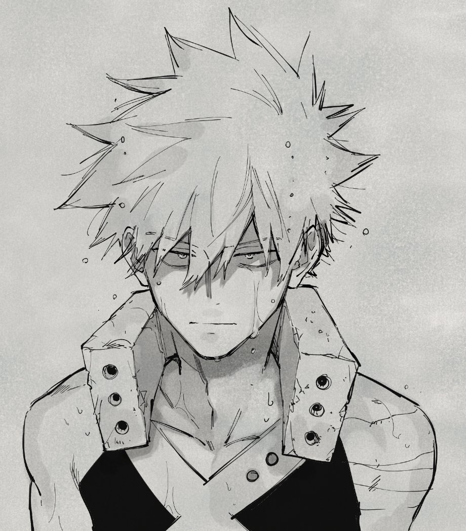 1boy, adam's_apple, bakugou_katsuki, boku_no_hero_academia, collarbone, costume, expressionless, greyscale