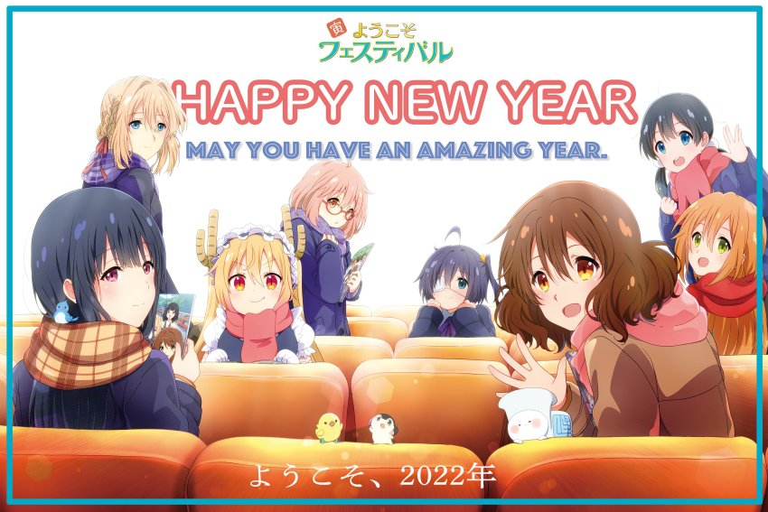 6+girls, :d, absurdres, ahoge, animal, baja, baja_no_studio, bird, black_hair, blonde_hair, blue_eyes, blue_hair, blue_jacket, blue_scarf, blush, braid, brown_eyes, brown_hair, brown_jacket, brown_scarf, chair, character_request, chuunibyou_demo_koi_ga_shitai!, closed_mouth, copyright_request, eupho-kun, eyepatch, ga-chan, green_eyes, hair_ribbon, hand_up, hibike!_euphonium, highres, jacket, kitashirakawa_tamako, kobayashi-san_chi_no_maidragon, komugiko, kuriyama_mirai, kyoto_animation, kyoukai_no_kanata, liz_to_aoi_tori, long_hair, long_sleeves, looking_at_viewer, maid, multiple_girls, open_mouth, orange_eyes, oumae_kumiko, pink_hair, pink_scarf, plaid_clothes, plaid_scarf, red-framed_eyewear, red_eyes, red_scarf, ribbon, scarf, short_hair, side_ponytail, sitting, smile, standing, takanashi_rikka, tamako_market, tohru_(maidragon), twintails, violet_evergarden, violet_evergarden_(series), waving, yoroizuka_mizore