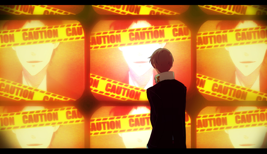 2boys, adachi_tooru, atlus, caution_tape, grey_hair, highres, male_focus, multiple_boys