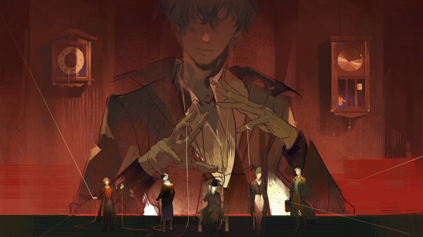 1boy, black_hair, black_jacket, chinese_commentary, clock, commentary_request, dwayne_dantes, gehrman_sparrow