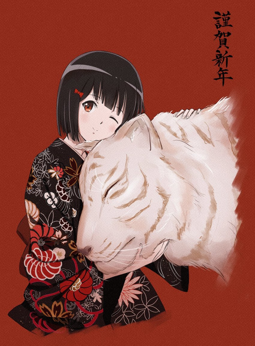 1girl, animal, black_hair, black_kimono, blush, bow, closed_mouth, cuvier3240