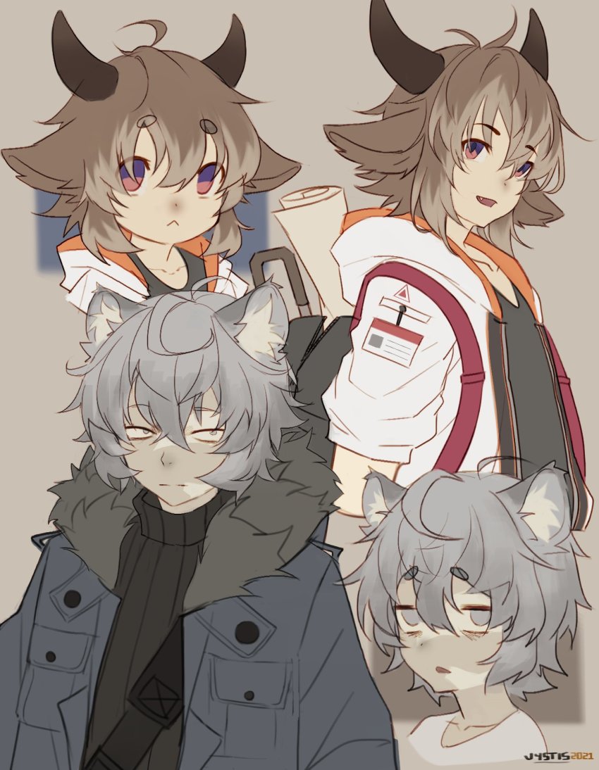 2boys, age_progression, animal_ears, arknights, artist_name, bags_under_eyes, bear_boy, bear_ears, bishounen, bison_(arknights), brown_hair, child, fur_collar, grey_eyes, grey_hair, highres, horns, id_card, jacket, jaye_(arknights), male_focus, map, multiple_boys, purple_eyes, short_hair, sweater, tank_top, tired, turtleneck, turtleneck_sweater, vystis