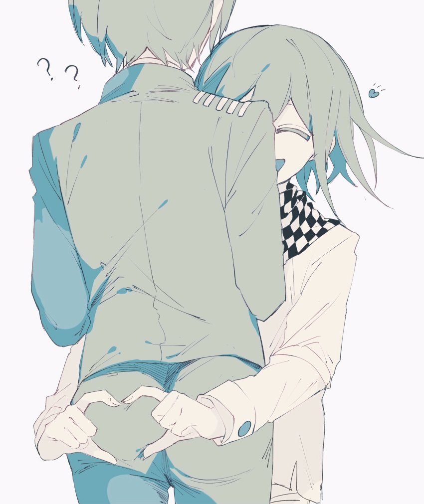 2boys, ?, ??, ass, black_scarf, checkered_clothes, checkered_scarf, danganronpa_(series)
