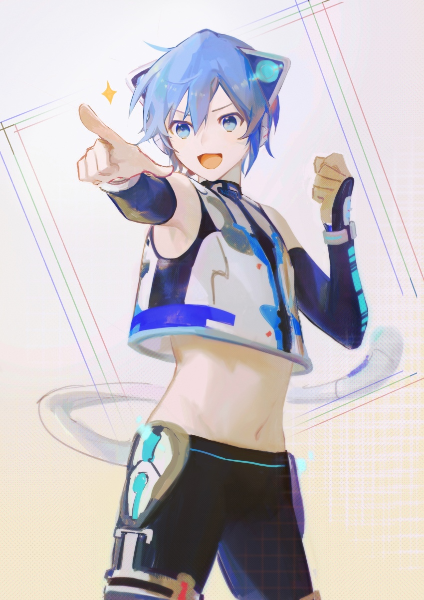 1boy, :d, absurdres, animal_ears, armpits, beileimao, blue_eyes, blue_hair, cat_boy, cat_ears, hands_up, highres, kaito_(neko_cyber)_(vocaloid), kaito_(vocaloid), male_focus, midriff, neko_cyber, open_mouth, pointing, smile, solo, vocaloid
