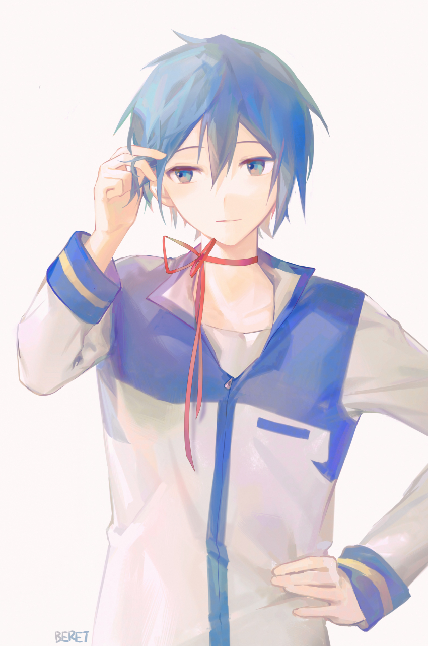 1boy, absurdres, beileimao, blue_eyes, blue_hair, choker, coat, hand_in_own_hair