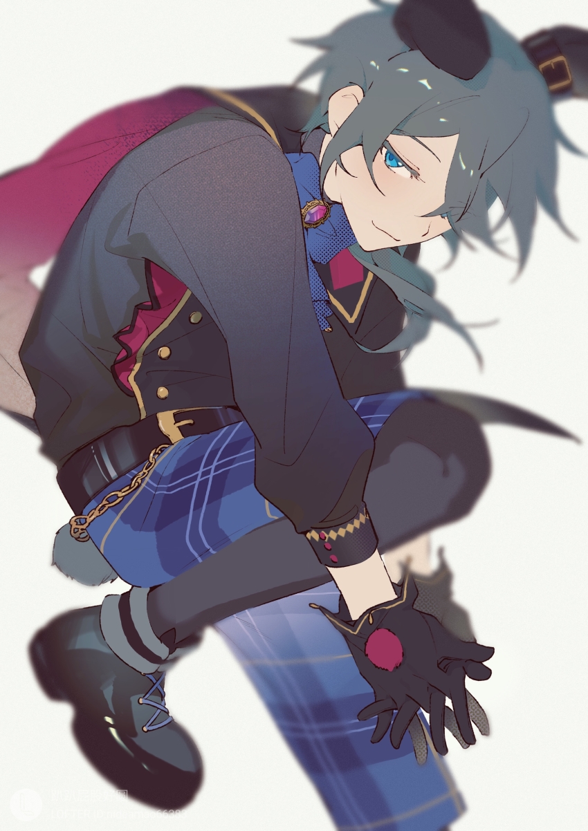 1boy, animal_ears, beileimao, blue_eyes, bow, ensemble_stars!, gloves, grey_hair