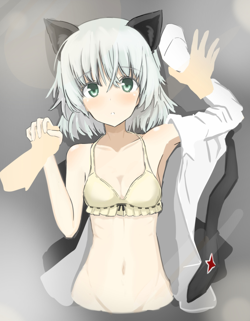 1girl, absurdres, animal_ears, blush, bra, breasts, cat_ears, collarbone, green_eyes, highres, holding_hands, looking_at_viewer, lying, military, military_uniform, navel, on_back, parted_lips, sanya_v._litvyak, shiny_skin, short_hair, silver_hair, small_breasts, strike_witches, turkeysand_(fernandear_504), underwear, upper_body, world_witches_series, yellow_bra