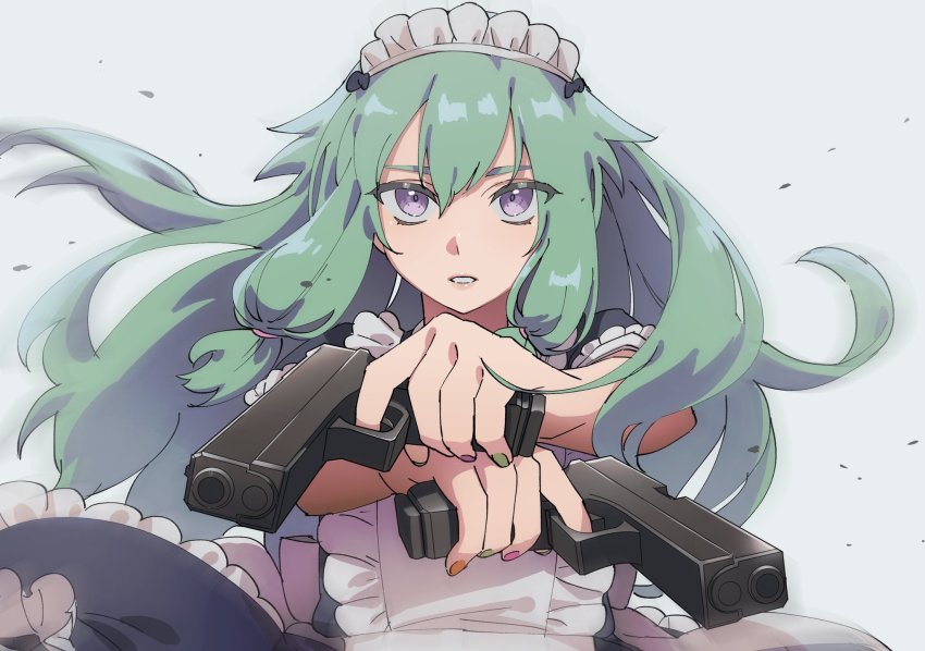 1girl, green_hair, gun, handgun, hazuki_015, highres, holding, holding_gun