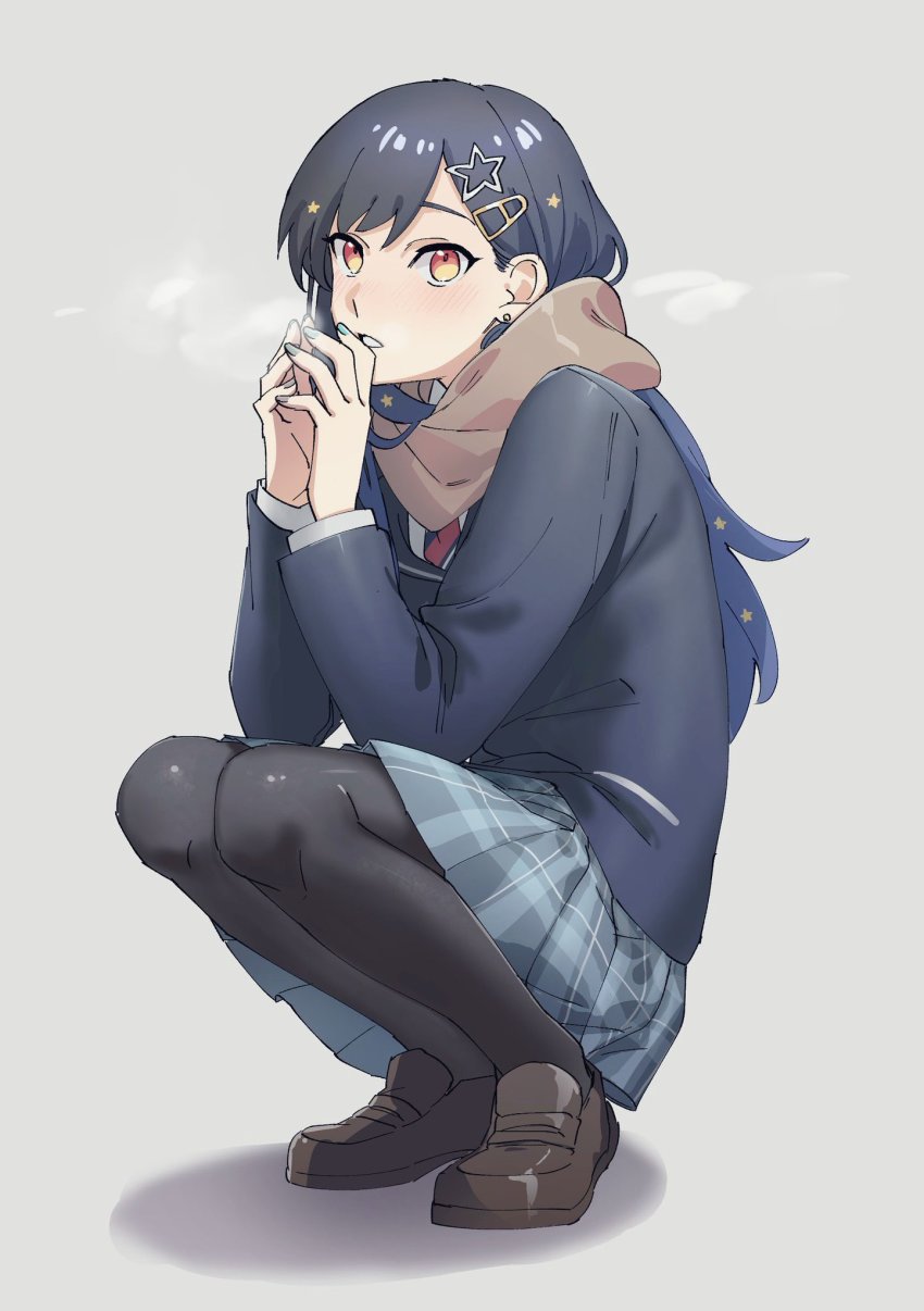 1girl, black_hair, blue_hair, cold, covering_own_mouth, hair_ornament, hazuki_015, highres