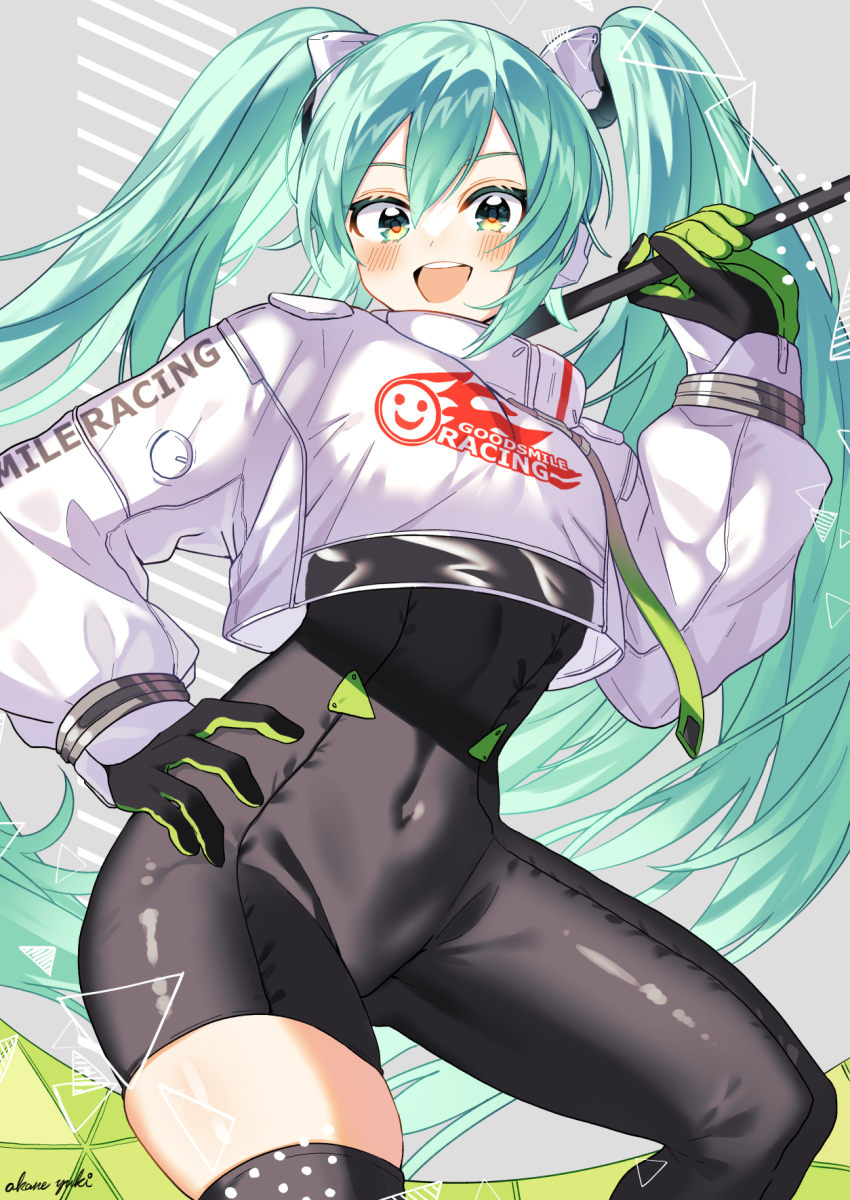 1girl, akane_yuki_(yukito0306), aqua_eyes, aqua_hair, asymmetrical_clothes, asymmetrical_legwear, blush, bodystocking, bodysuit, commentary, commentary_request, contrapposto, covered_navel, crop_top, crop_top_overhang, flag, flagpole, floating_hair, from_below, gloves, goodsmile_company, goodsmile_racing, hair_between_eyes, hand_on_own_hip, hatsune_miku, highres, holding, holding_flag, long_hair, long_sleeves, looking_at_viewer, official_alternate_costume, open_mouth, over_shoulder, product_placement, racing_miku, racing_miku_(2022), signature, simple_background, skindentation, smile, solo, squatting, twintails, very_long_hair, vocaloid