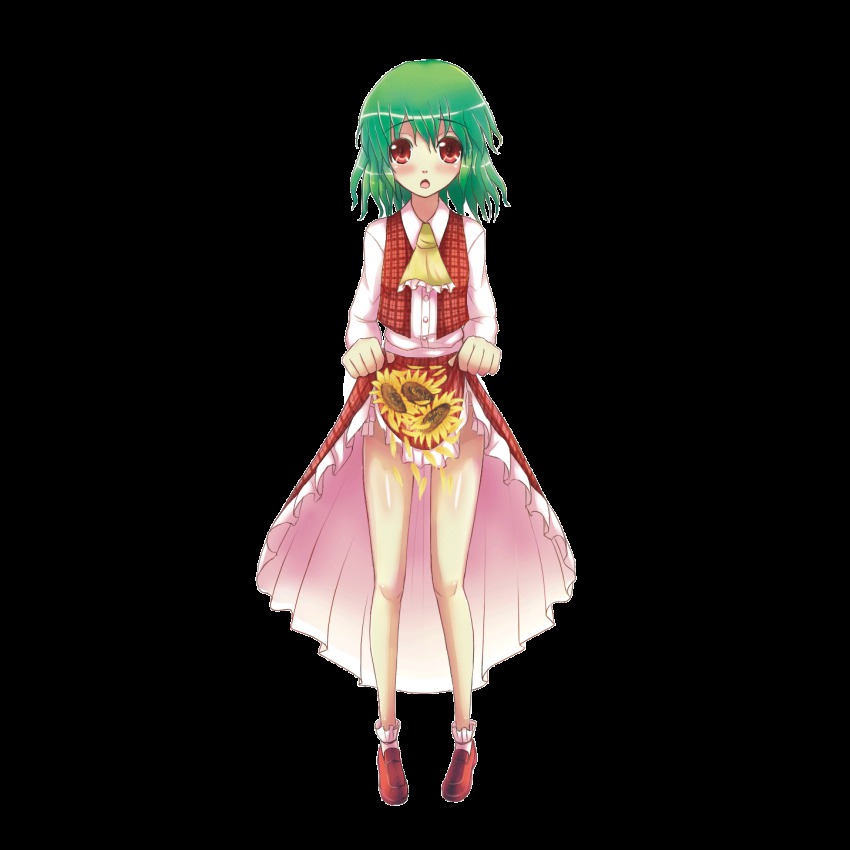 1girl, ascot, bad_id, bad_pixiv_id, blush, clothes_lift, dress, female_focus, flower, full_body, green_hair, highres, karukei, kazami_yuuka, legs, open_mouth, plaid_clothes, plaid_skirt, plaid_vest, red_eyes, short_hair, skirt, skirt_basket, skirt_lift, skirt_set, solo, standing, touhou, transparent_background, vest