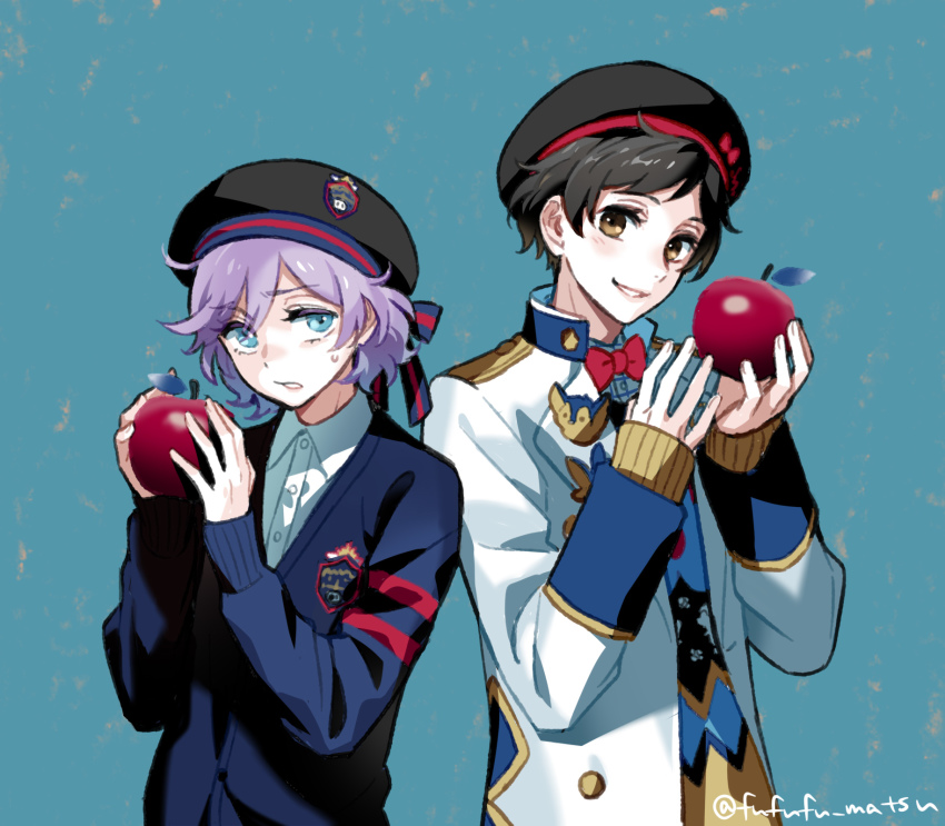 2boys, androgynous, apple, black_hair, blue_eyes, blush, bow, brown_eyes, epel_felmier, food, fruit, funuyu, hat, highres, looking_at_another, looking_to_the_side, multiple_boys, neige_leblanche, pale_skin, purple_hair, ribbon, school_uniform, sweatdrop, twisted_wonderland