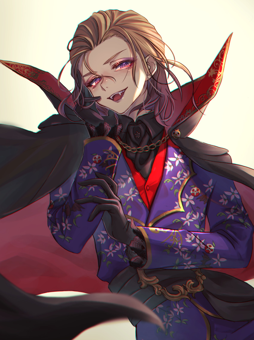 1boy, asagizuisen, blonde_hair, cape, colored_tips, fangs, formal_clothes, gloves