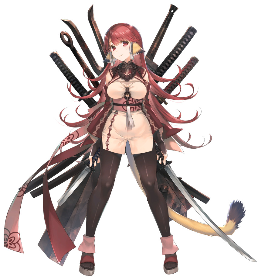 1girl, aasura, animal_ears, aquaplus, breasts, broken, broken_sword, broken_weapon, chain, cleavage, closed_mouth, dual_wielding, gradient_eyes, gradient_hair, greatsword, hair_between_eyes, hair_ornament, highres, holding, holding_sword, holding_weapon, jewelry, katana, large_breasts, long_hair, looking_at_viewer, messy_hair, mitsumi_misato, mole, mole_under_eye, multicolored_eyes, multicolored_hair, multiple_weapons, necklace, off_shoulder, official_art, pantyhose, raised_eyebrows, red_eyes, red_hair, sandals, sash, sheath, smile, solo, spread_legs, standing, sword, tail, thick_thighs, thighs, transparent_background, utawarerumono, utawarerumono:_lost_flag, very_long_hair, wavy_mouth, weapon