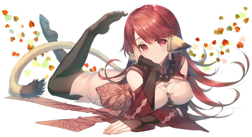 1girl, aasura, animal_ears, aquaplus, ass, blush, breasts, chain, cleavage, closed_mouth, covered_erect_nipples, feet, fingerless_gloves, fingernails, from_side, full_body, gloves, gradient_eyes, gradient_hair, hair_between_eyes, hair_ornament, hand_on_own_cheek, hand_on_own_face, highres, jewelry, large_breasts, legs_up, long_hair, lying, messy_hair, mitsumi_misato, mole, mole_under_eye, multicolored_eyes, multicolored_hair, necklace, off_shoulder, official_art, on_stomach, pantyhose, red_eyes, red_hair, solo, tail, thick_thighs, thighs, toes, transparent_background, utawarerumono, utawarerumono:_lost_flag, very_long_hair