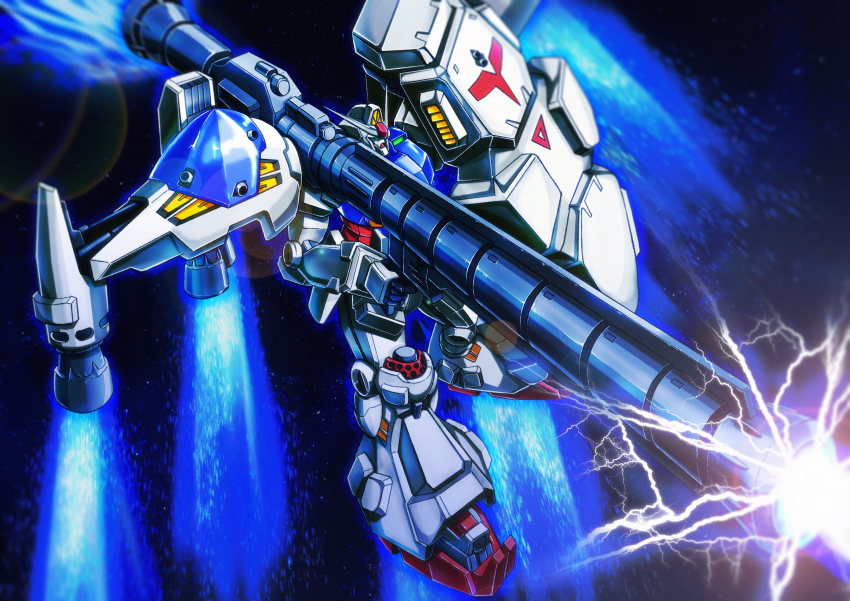 absurdres, electricity, firing, green_eyes, gun, gundam, gundam_0083, gundam_gp-02_physalis