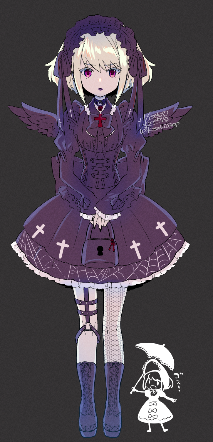 1boy, barasuishou, black_dress, black_lips, blonde_hair, boots, chibi, dress