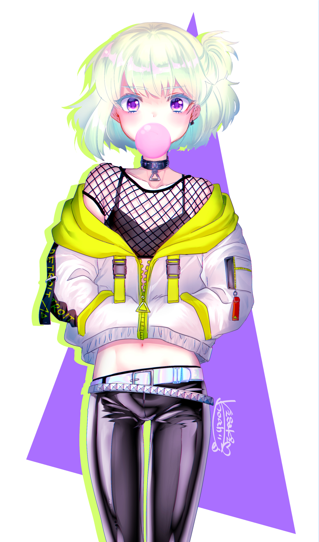 1boy, blowing_bubble_gum, blowing_bubbles, blush, chewing_gum, earrings, fishnet_top, fishnets