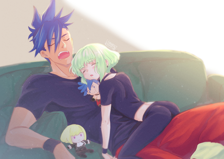 2boys, ass, asymmetrical_hair, blue_hair, character_doll, couch, doll, galo_thymos, green_hair, highres, kisekisaki, lio_fotia, lying_on_person, male_focus, midriff, multiple_boys, open_mouth, pants, pectorals, promare, shirt, sidecut, sleeping, spiked_hair, t-shirt, tight_clothes, tight_shirt, trap, undercut, yoga_pants