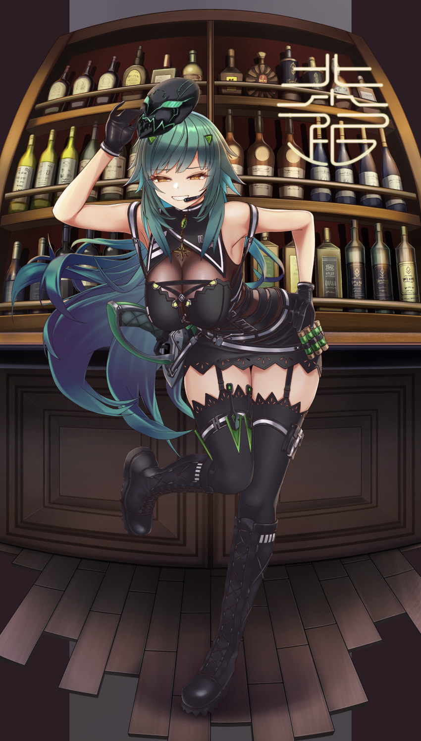 1girl, absurdres, black_boots, black_dress, black_gloves, black_thighhighs, boots, bottle, breasts, brown_eyes, dress, ebi_(ebi-0111), gloves, green_hair, half-closed_eyes, hand_on_own_hip, headset, highres, holding, holding_mask, holstered, kitakoji_hisui, kitakoji_hisui_(2nd_costume), large_breasts, leaning_forward, long_hair, mask, nijisanji, official_alternate_costume, sharp_teeth, sleeveless, sleeveless_dress, smile, solo, teeth, thighhighs, virtual_youtuber
