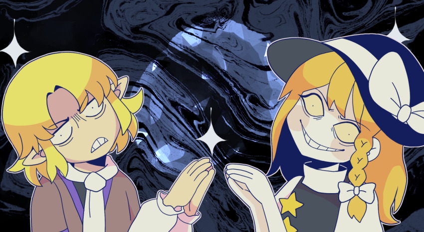 2girls, abstract_background, arm_warmers, black_shirt, blonde_hair, blue_headwear, bow, braid, brown_jacket, clenched_teeth, colored_sclera, commentary_request, cookie_(touhou), dot_pupils, grin, hat, hat_bow, head_tilt, hita_(hizokuseikogeki), jacket, joker_(cookie), kirisame_marisa, long_hair, looking_at_viewer, mizuhashi_parsee, multiple_girls, own_hands_together, parody, parted_bangs, pointy_ears, shirt, short_hair, side_braid, single_braid, smile, star_(symbol), suzu_(cookie), teeth, tophamhat-kyo, touhou, upper_body, white_bow, witch_hat, yellow_sclera