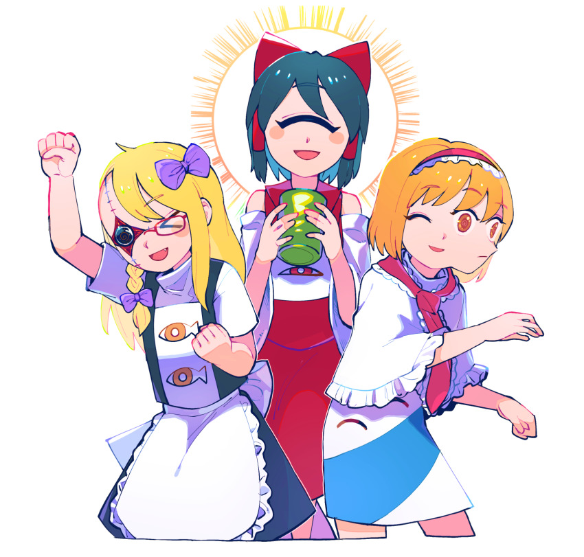 3girls, @_@, alice_margatroid, apron, black_hair, blonde_hair, bow, braid, capelet, clenched_hand, closed_eyes, closed_mouth, commentary_request, cookie_(touhou), cup, cyclops, detached_sleeves, extra_faces, eye_print, fang, feet_out_of_frame, fist_pump, frilled_apron, frilled_capelet, frilled_hairband, frilled_neckwear, frills, hair_bow, hair_tubes, hairband, hakurei_reimu, highres, hinase_(cookie), hita_(hizokuseikogeki), ichigou_(ikigusare), ikigusare, kirisame_marisa, long_hair, looking_at_viewer, looking_to_the_side, multiple_girls, necktie, nigou_(ikigusare), one-eyed, open_mouth, orange_eyes, orange_hair, purple_bow, red_bow, red_hairband, red_necktie, red_shirt, red_skirt, reu_(cookie), sangou_(ikigusare), shirt, short_hair, side_braid, single_braid, skirt, sleeveless, sleeveless_shirt, smile, stitches, sun_symbol, touhou, transparent_background, uzuki_(cookie), waist_apron, white_apron, white_capelet, white_sleeves, yunomi