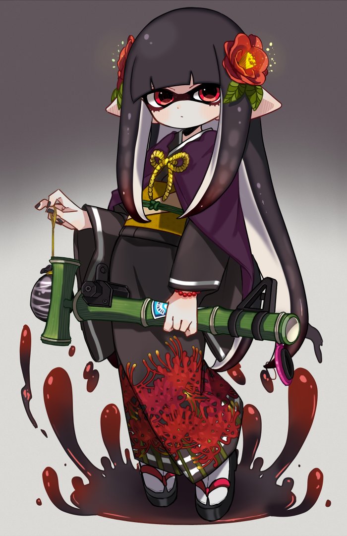 1girl, bamboozler_14_(splatoon), black_hair, black_kimono, black_sandals, blunt_bangs, burst_bomb_(splatoon), cape