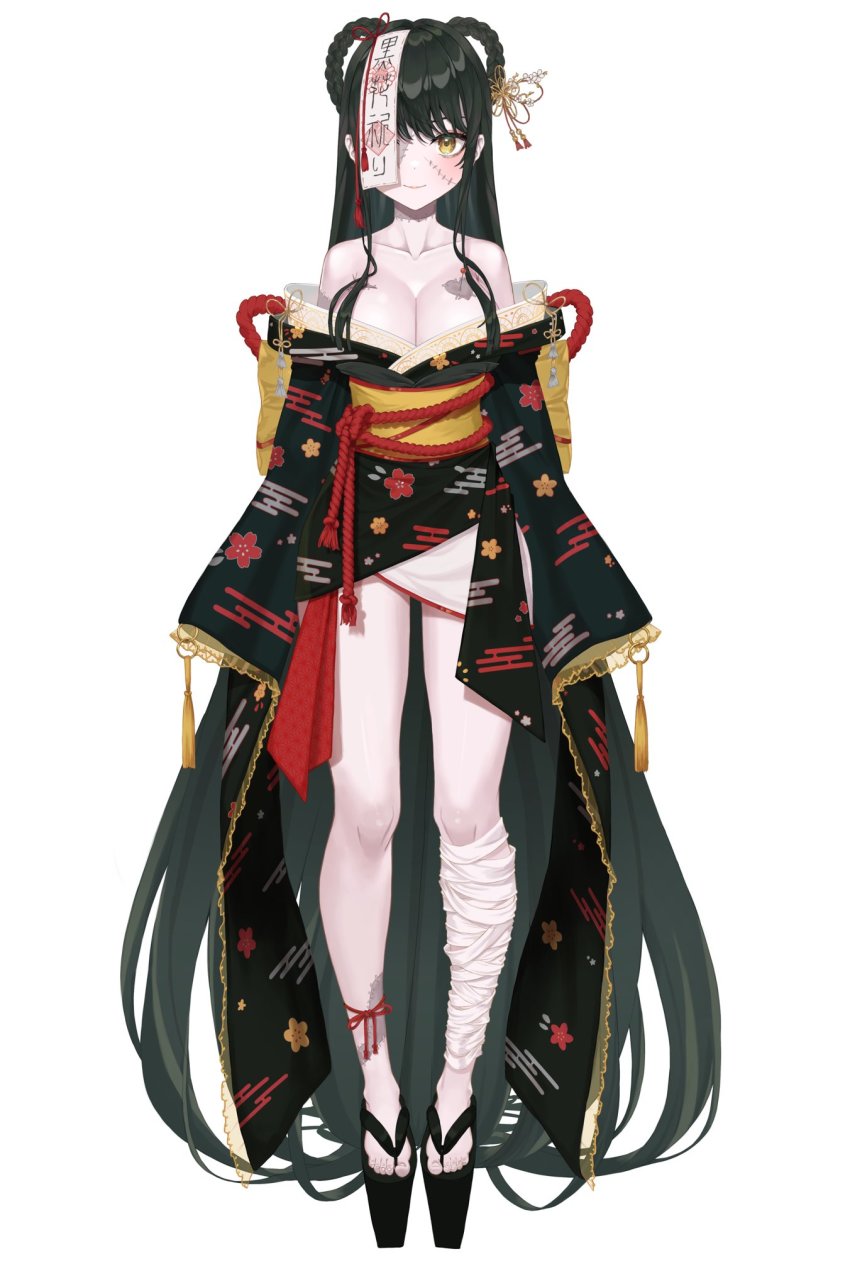 1girl, absurdly_long_hair, bandages, bare_shoulders, braid, braided_hair_rings, breasts, cleavage, closed_mouth, collarbone, cyberlive, dark_green_hair, full_body, geta, hair_ornament, hair_rings, heart, highres, japanese_clothes, jiangshi, kimono, kurohana_inori, large_breasts, leg_wrap, long_hair, long_sleeves, looking_at_viewer, obi, official_art, ofuda, one_eye_covered, patchwork_skin, platform_clogs, red_ribbon, ribbon, roco_(rocoroco1115), rope, sandals, sash, shimenawa, sidelocks, simple_background, solo, standing, stitched_arm, stitched_face, stitched_leg, stitches, very_long_hair, virtual_youtuber, white_background, yellow_eyes, zombie