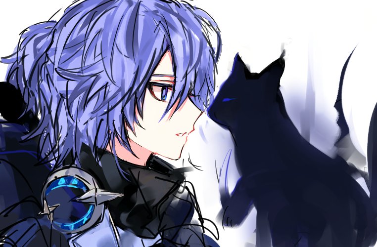 1227l227, 1boy, black_cat, blue_eyes, blue_hair, cat, elsword, looking_at_another, multicolored_hair, noah_ebalon, pale_skin, ponytail, second_grief_(elsword), short_ponytail, star_(symbol)