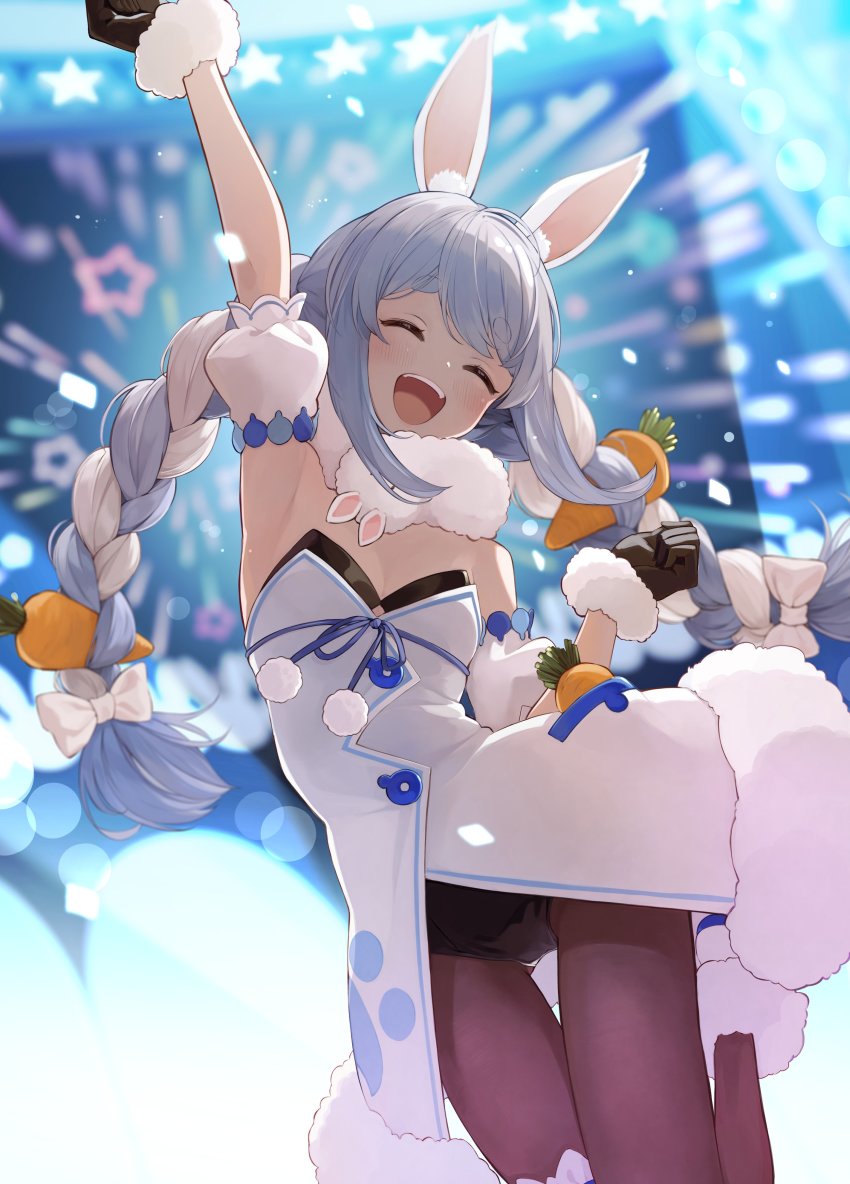 1girl, :d, absurdres, animal_ears, arm_up, armpits, blurry, blurry_background