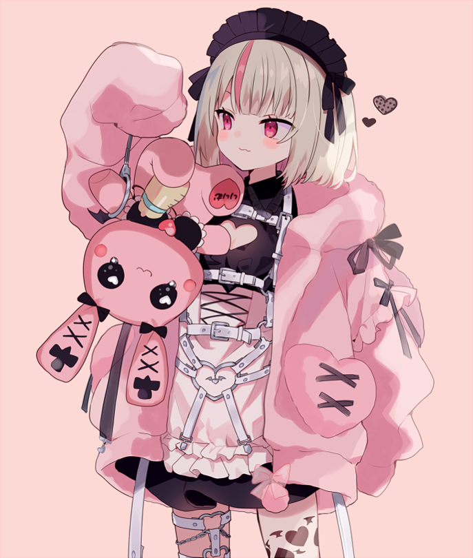 :3, apron, asymmetrical_legwear, belt, blunt_bangs, blush, clothing_cutout, heart