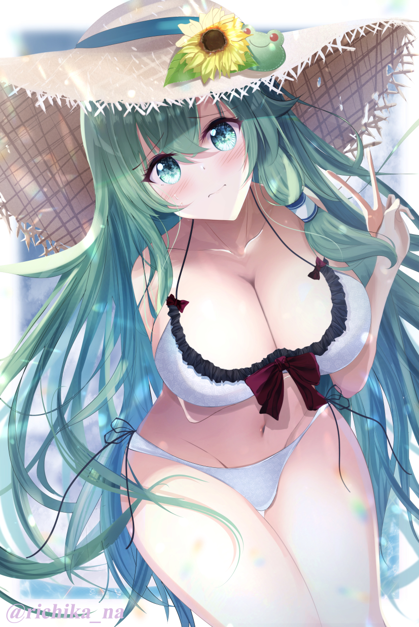 1girl, absurdres, bad_id, bad_pixiv_id, bikini, breasts, green_eyes, green_hair, hair_tubes, hat, highres, kochiya_sanae, large_breasts, long_hair, navel, richika_na, simple_background, solo, swimsuit, thighs, touhou, white_background, white_bikini