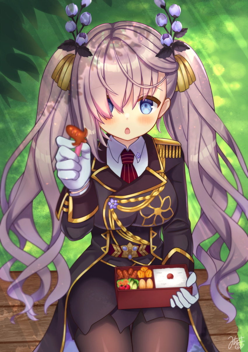 1girl, :o, bento, black_pantyhose, blue_eyes, blush, breasts, commentary_request