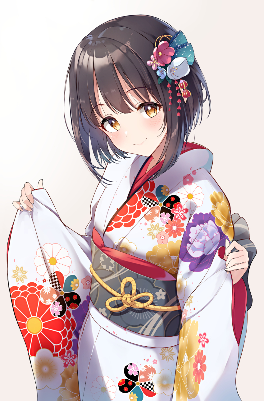1girl, azama-k, black_hair, blush, bob_cut, commentary, floral_print, flower