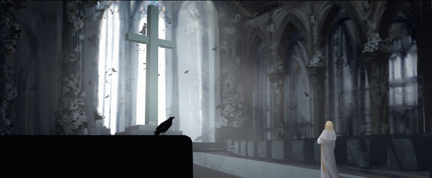 2boys, absurdres, adam_(lord_of_the_mysteries), amon_(lord_of_the_mysteries), angel, beard, bird, black_headwear, black_robe, blonde_hair, brothers, chinese_commentary, church_interior, commentary_request, cross, crow, facial_hair, father_and_child, father_and_son, hat, highres, indoors, interior, looking_at_another, looking_down, looking_up, lord_of_the_mysteries, multiple_boys, mustache, parent_and_child, pillar, renshengruxi310, robe, siblings, skull, stained_glass, white_robe, window, wizard_hat