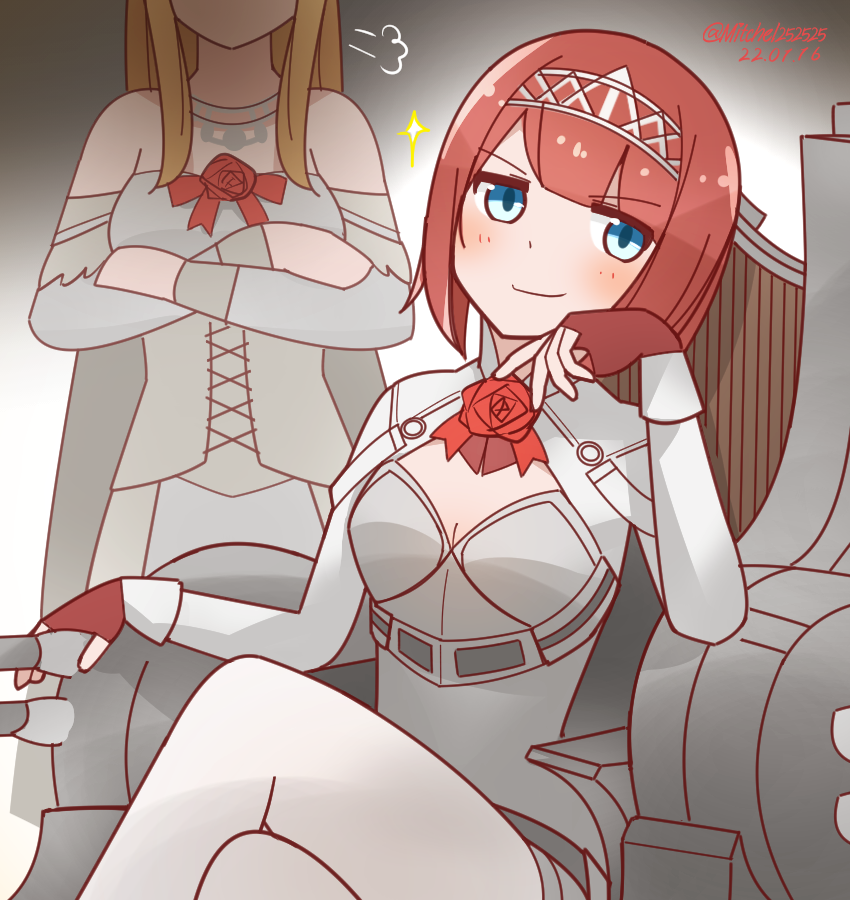 ark_royal_(kancolle), blonde_hair, blue_eyes, bob_cut, crossed_arms, dress, gloves, hairband