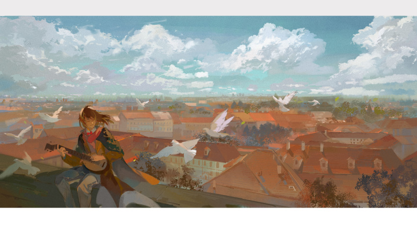 1boy, absurdres, angel, bird, bow, bowtie, brown_hair, brown_jacket, building, chinese_commentary, closed_eyes, cloud, commentary, commentary_request, dove, english_commentary, grey_pants, highres, instrument, jacket, klein_moretti, long_hair, long_sleeves, lord_of_the_mysteries, lute_(instrument), merlin_hermes, music, nayannayan, pants, playing_instrument, red_bow, red_bowtie, sitting, solo, town, tree, window