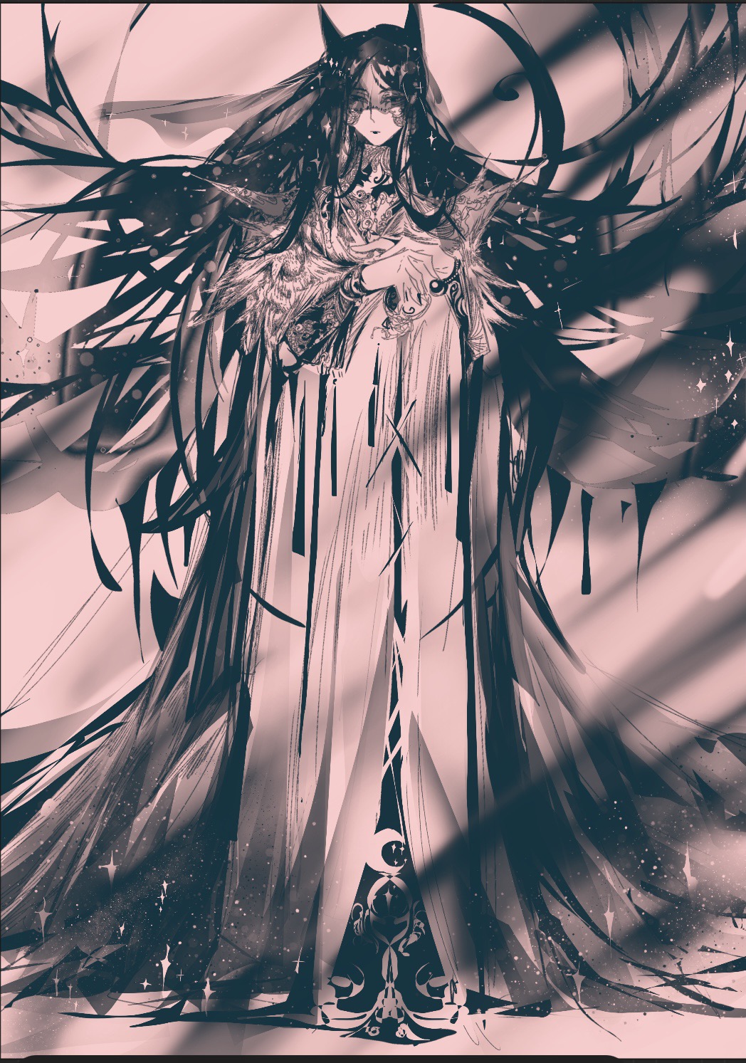 1girl, animal_ears, black_eyes, black_hair, black_veil, bracer, chinese_commentary, commentary_request, crescent, dress, evernight_goddess, hands_up, highres, lips, long_hair, long_sleeves, lord_of_the_mysteries, simple_background, solo, star_(symbol), tangfangfupi, veil, white_background, wolf_ears