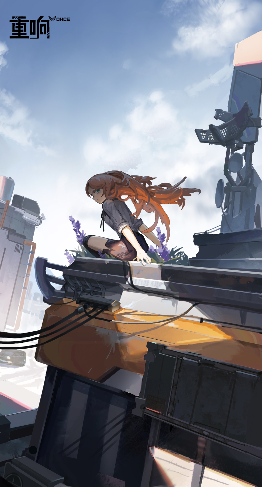 1girl, absurdres, aqua_eyes, black_socks, black_ribbon, black_skirt, building, cable