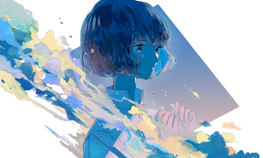 1girl, absurdres, blue_background, blue_theme, bob_cut, closed_mouth, cloud, collared_shirt