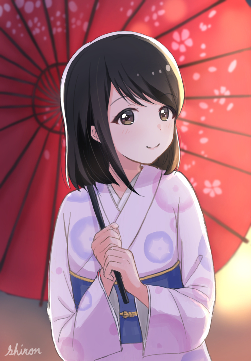 1girl, artist_name, brown_eyes, highres, holding, holding_umbrella, japanese_clothes, kimono