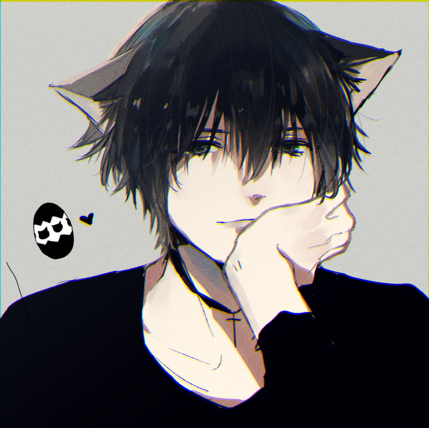 1boy, animal_ears, bad_id, bad_pixiv_id, black_eyes, black_hair, black_shirt, cat_ears