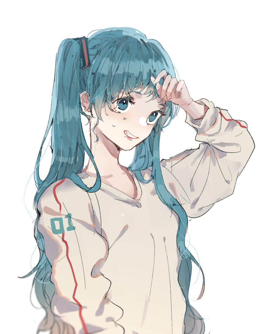 1girl, blue_eyes, blue_hair, commentary_request, hagimorijia, hand_up, hatsune_miku, highres, long_hair, long_sleeves, parted_lips, shirt, simple_background, solo, sweat, twintails, upper_body, vocaloid, white_background, white_shirt, wiping_forehead