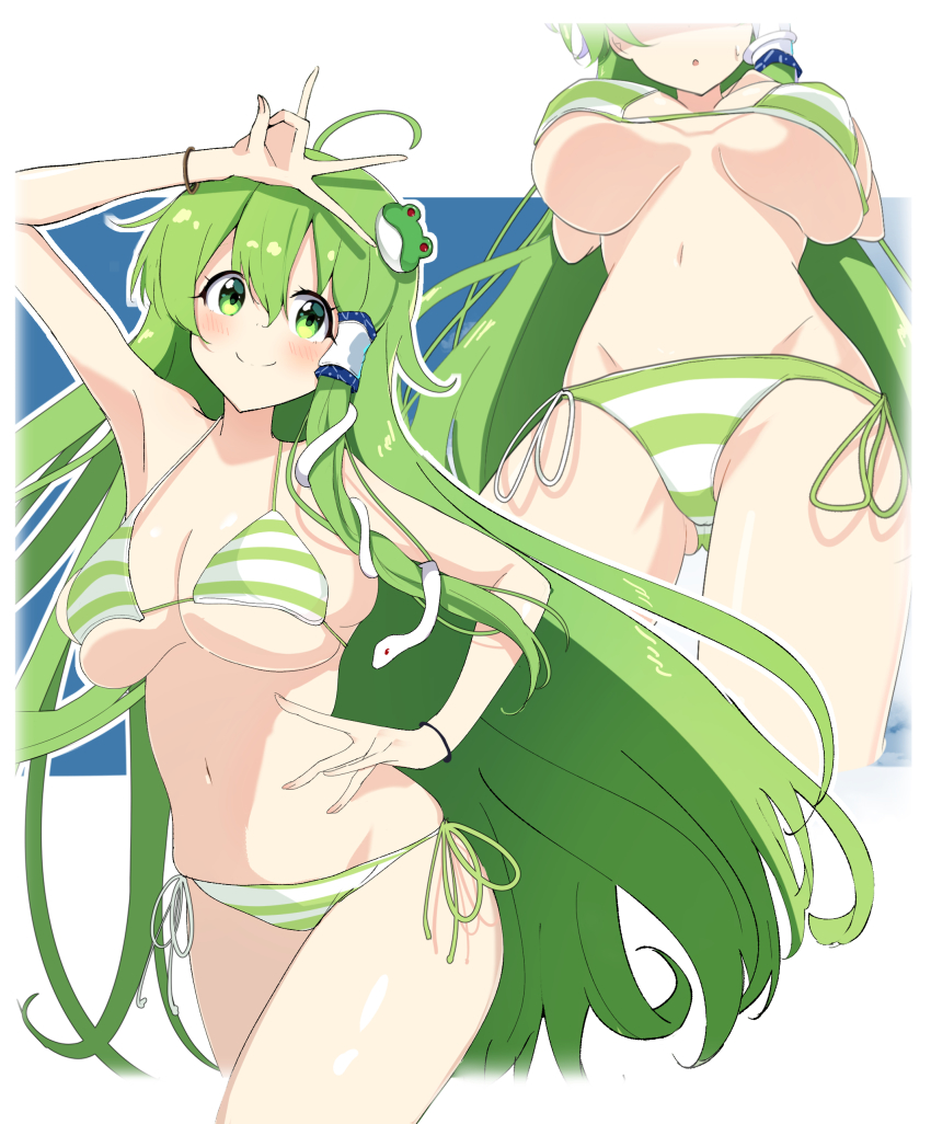 1girl, absurdres, bad_id, bad_pixiv_id, bikini, bra, breasts, deep_skin, frog_hair_ornament, gluteal_fold, green_eyes, green_hair, hair_ornament, hair_tubes, highres, kochiya_sanae, large_breasts, long_hair, navel, panties, richika_na, side-tie_bikini_bottom, side-tie_panties, simple_background, snake_hair_ornament, solo, striped_bikini, striped_clothes, striped_panties, swimsuit, thick_thighs, thighs, touhou, underwear, v, white_background