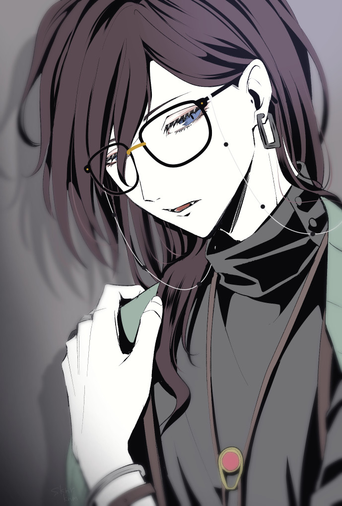 1boy, black_shirt, brown_hair, collared_shirt, earrings, fangs, jewelry, long_hair, long_sleeves, looking_at_viewer, mist_flaive, mole, mole_on_cheek, mole_on_neck, necklace, pale_skin, purple_eyes, shirt, skmrknm, solo, vampire, visual_prison