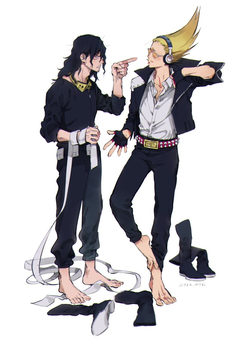 2boys, amplifier, annoyed, barefoot, belt, belt_buckle, black_hair, blonde_hair